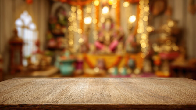 Wooden Table with Blurred Navratri Home Altar Background and Cozy Decorative Festival Setup

