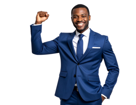 Successful Businessman Making Victory Gesture – Celebratory Pose with Raised Fist, Transparent Background