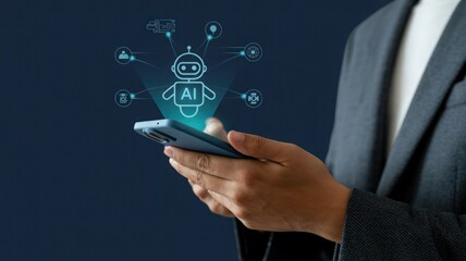 Businessman using smartphone with futuristic robot and technology icons interface overlay
