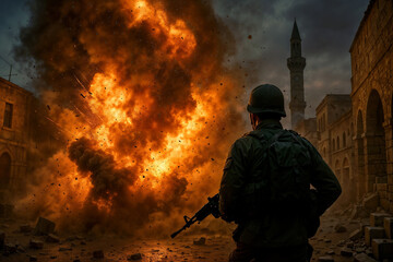 Soldier silhouette observing massive explosion in war-torn Middle Eastern city with mosque minaret visible, depicting conflict and destruction aftermath