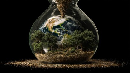 Earth trapped in an hourglass as a symbol of climate change, sustainability, and the urgent need for environmental protection.