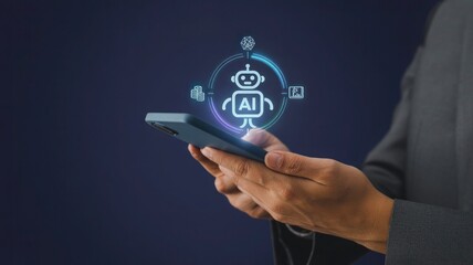 Businessman using smartphone with futuristic robot and technology icons interface overlay