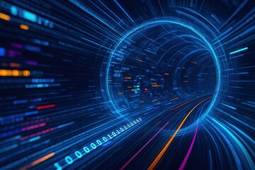 Abstract digital tunnel of light and binary code representing data transmission and technology