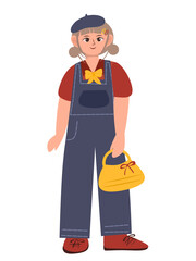 illustration of a short-haired girl character in a cute overall outfit carrying a bag