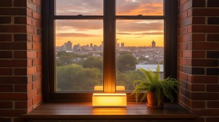 Cozy window view with warm sunset glow illuminating cityscape and interior decor