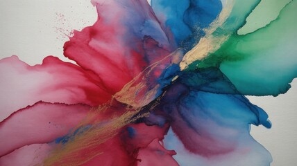 Abstract alcohol ink painting with vibrant red blue green and gold splatter