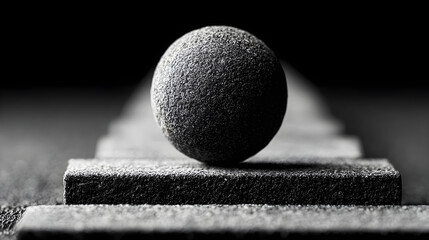 Balanced Stone Sphere Resting on Layered Blocks in Monochrome Light