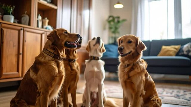 Four dogs attentively gaze upward in a sunlit living room, eager and focused