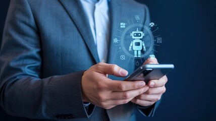 Businessman using smartphone with futuristic robot and technology icons interface overlay