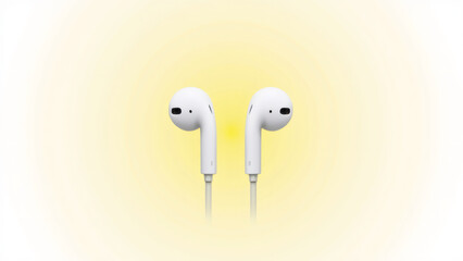 Wireless White Earphones on Yellow: Audio Technology Stock