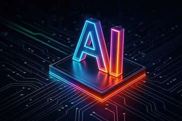 Glowing ai logo rests on a futuristic circuit board with neon blue and pink illumination