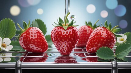 Fresh strawberries being washed under streams of water with droplets flying