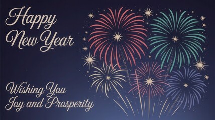 Happy new year greeting with colorful fireworks and sparkling stars on a dark background