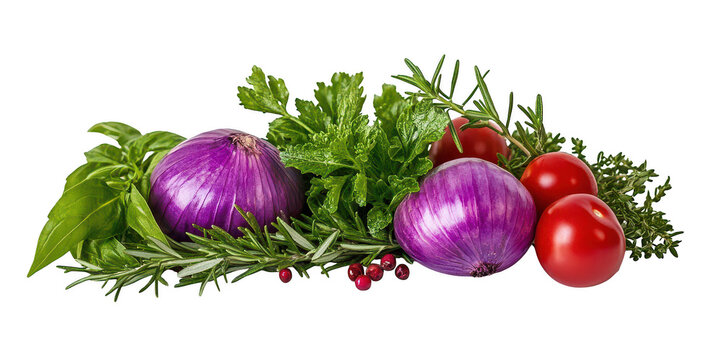 Red onion and herbs still life photo on transparent png photo