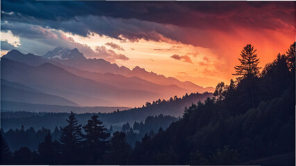 Alpine valley view with snow-capped peaks in distance, dramatic cloudy sky above, and warm golden hour lighting across layered mountain ridges.