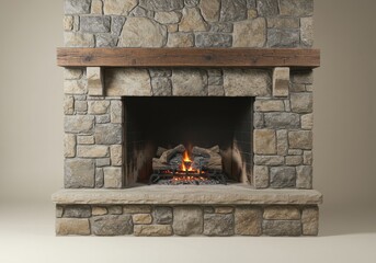 Photo of A rustic stone fireplace with a wooden mantel and burning logs in a cozy living room