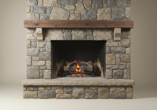 Photo of A rustic stone fireplace with a wooden mantel and burning logs in a cozy living room