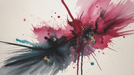 Vibrant watercolor paint splatters in blue purple and orange on a textured paper background