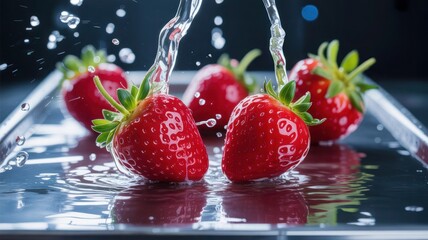 Fresh strawberries being washed under streams of water with droplets flying