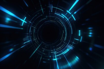 Abstract blue and green light streaks converge into a dark circular vortex suggesting speed and technology