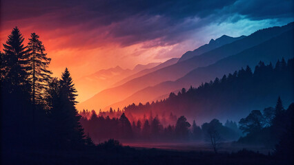 Misty mountain valley at sunset, layered forest ridges, dramatic sky with orange-blue gradient, silhouetted conifers, atmospheric perspective, serene mood.
