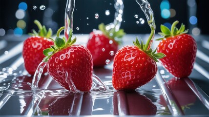 Fresh strawberries being washed under streams of water with droplets flying