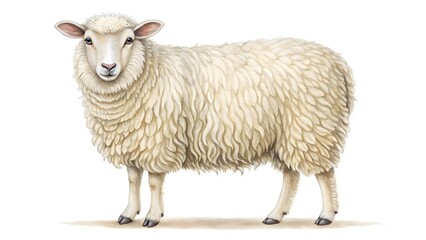 A fluffy white sheep stands on a white background