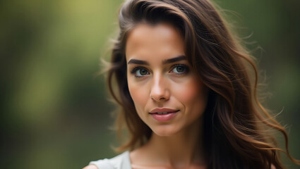 Fototapeta premium Beautiful woman with flowing brown hair poses outdoors in a natural setting