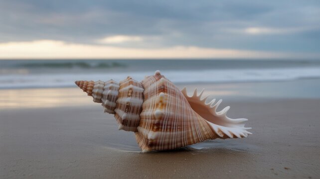 Close up of a large spiral seashell on a wet sandy beach with gentle waves - Powered by Adobe