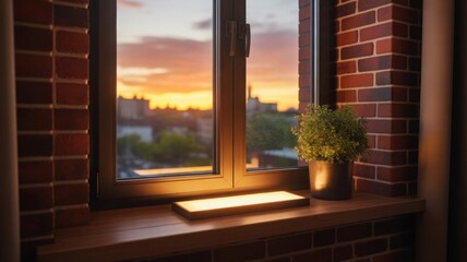 Cozy window view with warm sunset glow illuminating cityscape and interior decor