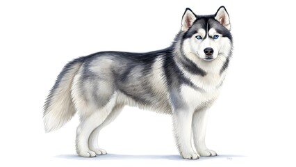 Fototapeta premium A husky dog with blue eyes stands on a white background