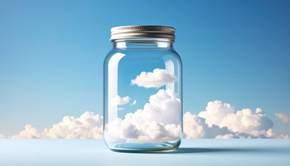glass jar appearing to hold fluffy white clouds against vibrant blue sky creating surreal visual illusion