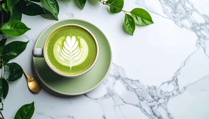 green matcha latte with heart-shaped latte art on white saucer surrounded by fresh green leaves on marble surface