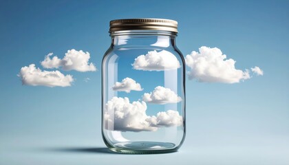glass jar appearing to hold fluffy white clouds against vibrant blue sky creating surreal visual illusion