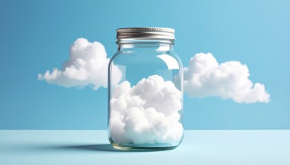 glass jar appearing to hold fluffy white clouds against vibrant blue sky creating surreal visual illusion