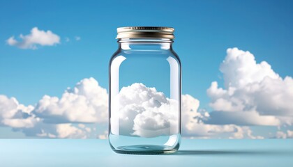 glass jar appearing to hold fluffy white clouds against vibrant blue sky creating surreal visual illusion