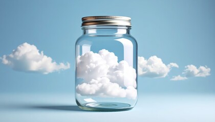 glass jar appearing to hold fluffy white clouds against vibrant blue sky creating surreal visual illusion