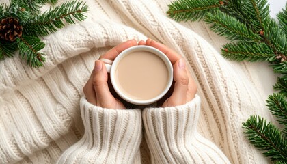 hands in cozy sweater holding coffee cup with autumn leaf on soft blanket in warm relaxing seasonal mood