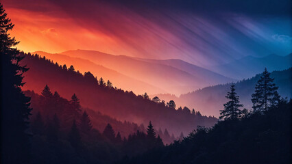 Rolling mountain ridges bathed in warm orange and purple sunset light, with evergreen forests creating layered silhouettes against colorful evening sky.