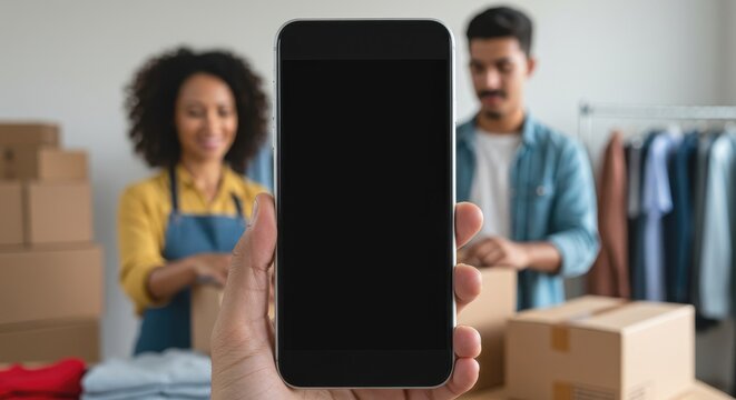 Photo of A couple is packing clothing orders at their small business, with a smartphone in the foreground