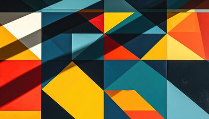 abstract geometric composition with overlapping primary shapes in bold red, yellow, blue, and black tones enhanced by shadows and layered depth