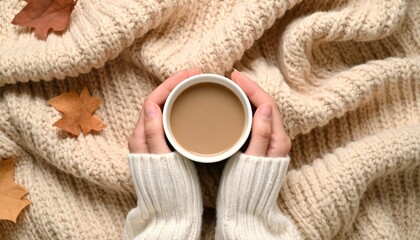 hands in cozy sweater holding coffee cup with autumn leaf on soft blanket in warm relaxing seasonal mood