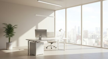 Photo of A bright modern office interior with a desk, computer, and a city view