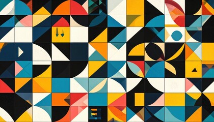 abstract geometric composition with overlapping primary shapes in bold red, yellow, blue, and black tones enhanced by shadows and layered depth