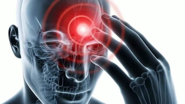 Headache xray illustration: person with migraine touching forehead. Medical visualization for health, stress, disease, pain, neurology, neurology issues, tension, illness concepts.