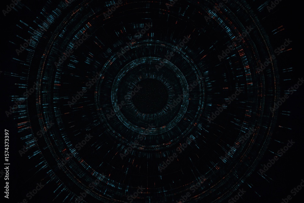 Poster abstract digital concentric circles with glowing teal and red data streams on a dark background