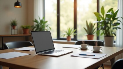 Light Wood Table Laptop Two Coffee Cups Papers Plants Window