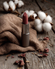 Lipstick placed on rustic wood surrounded by cotton fabric and dried flowers creates warm and inviting atmosphere. soft textures and natural elements enhance beauty of product