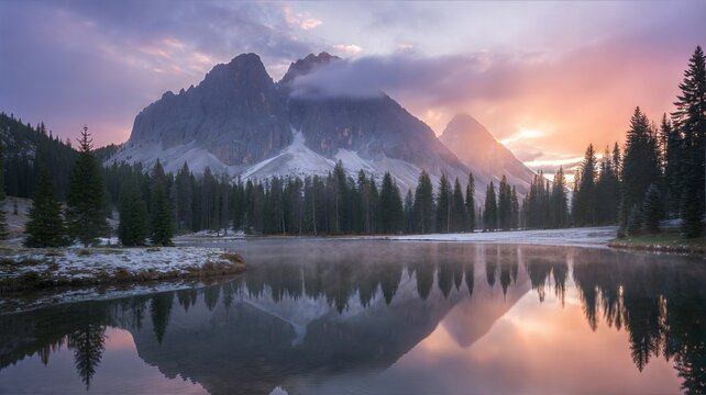 Mountain lake reflection at sunrise with misty sky - Powered by Adobe