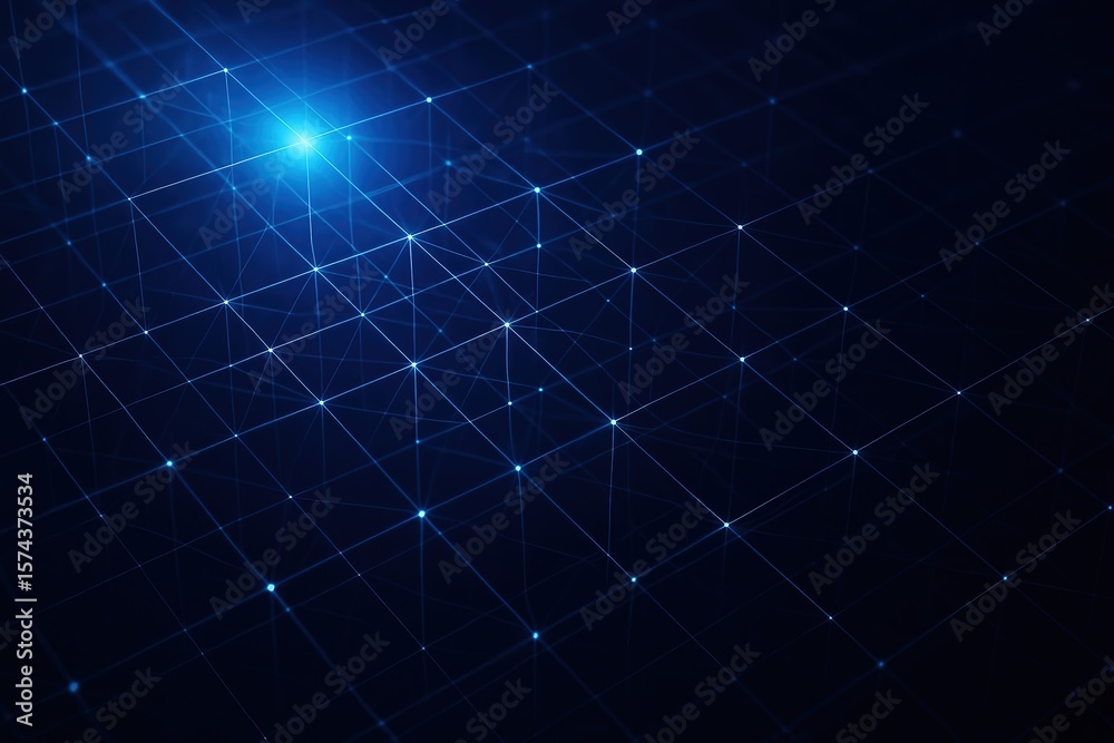 Poster abstract glowing blue network grid with interconnected nodes and lines on a dark background